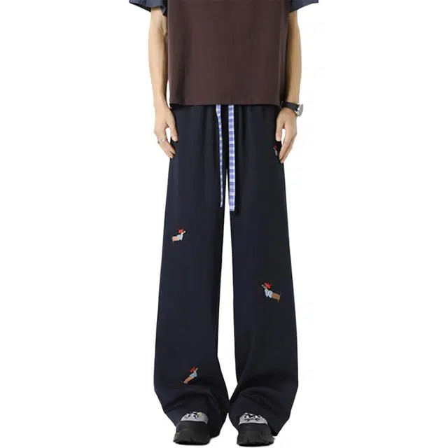 虫小绿 潮牌美式冰丝速干刺绣假两件宽松垂感直筒裤休闲裤 男女同款