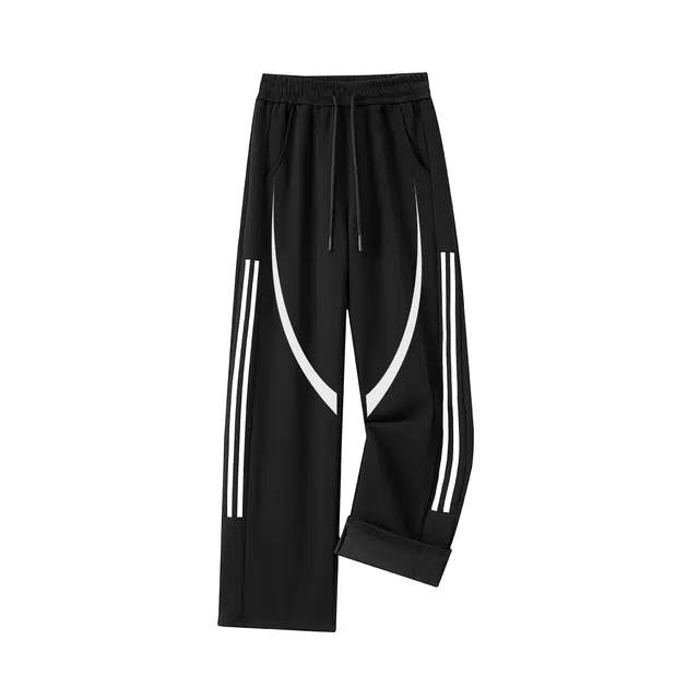 加菲猫家族  美式复古潮流侧边两条杠条纹印花宽松时尚百搭舒适透气运动长裤无性别主义基础简约纯色系带中腰垂感直筒拖地休闲裤 男女同款