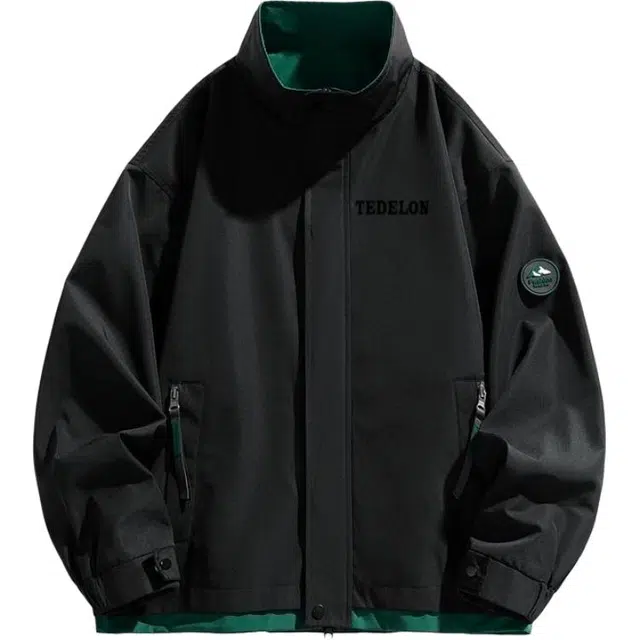 太子龍 纯色美式高街嘻哈街头拼接假两件袖口魔术贴贴宽松休闲防风保暖长袖中大童外套夹克 男款