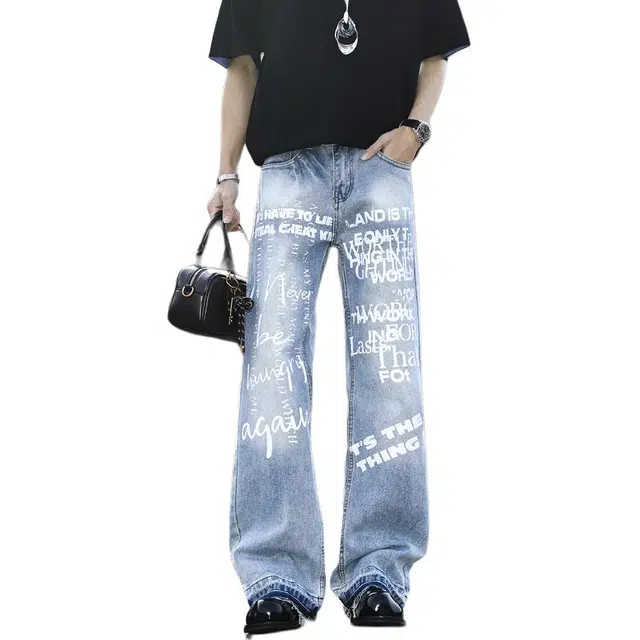 帝狼牛  美式街头设计感复古字母印花潮流简约直筒通勤休闲百搭水洗牛仔裤 男女同款