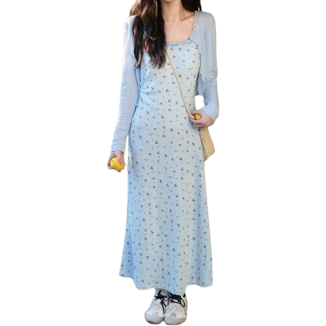 邓大喵 度假风吊带裙长袖针织防嗮开衫法式显瘦设计感裙装套装 女款