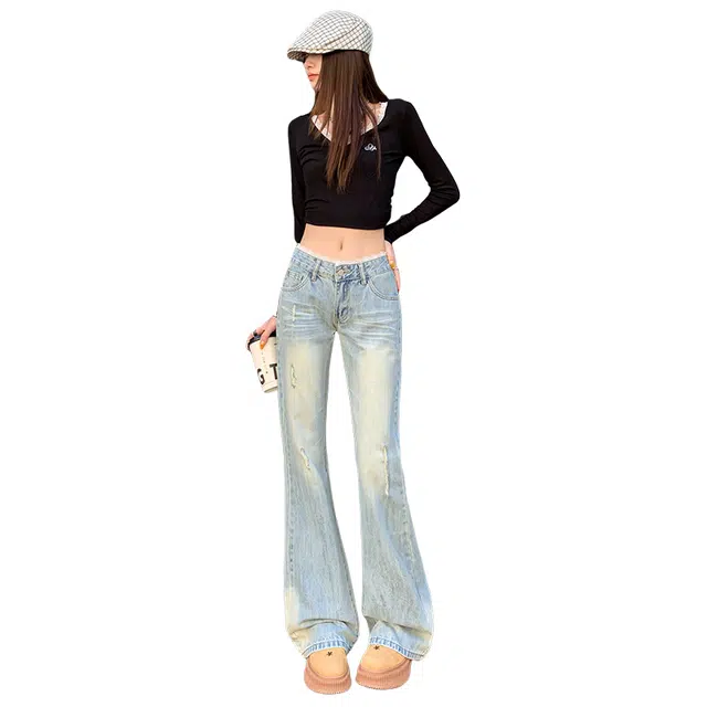 拾籍 辣妹不贴腿蕾丝拼接腰头设计低腰微喇秋季美式破洞牛仔裤 女款