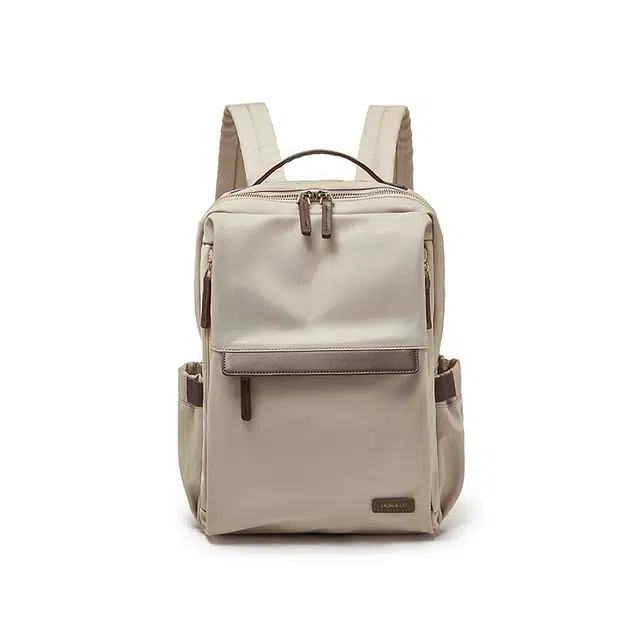 老人头 简约时尚百搭高中大学通勤旅行出差背包 织物拼合成革 双肩包 女款 果仁杏