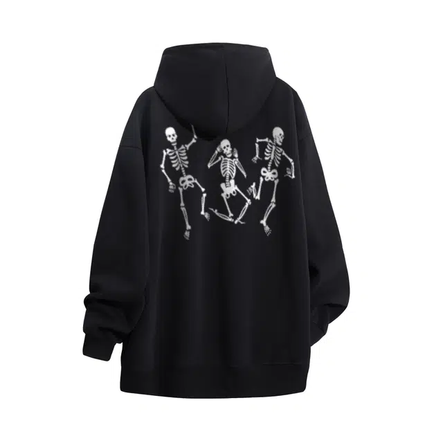 物质公式 质感重磅美式复古高街潮牌手绘趣味人像骷髅字母印花设计感潮流时尚宽松简约套头落肩袖休闲透气质感百搭长袖连帽卫衣 男女同款