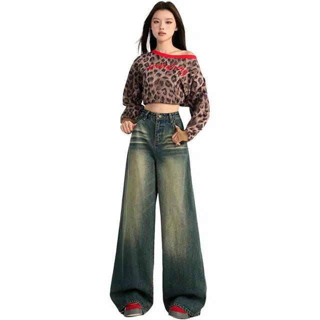 拾籍 美式复古怀旧蓝高腰宽松垂感阔腿裤秋季显瘦直筒牛仔裤 女款