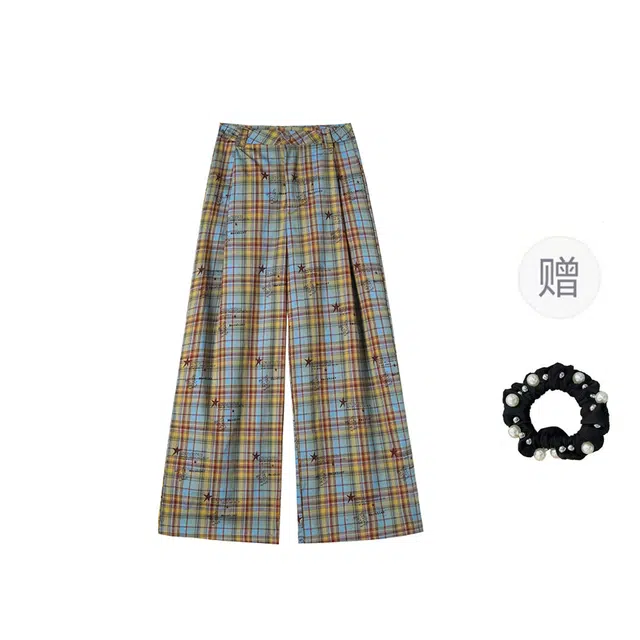 雾闪闪 美式复古格子星星宽松垂感阔腿休闲裤 女款