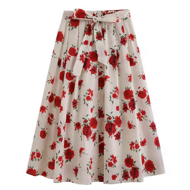 花栗鼠小姐 浪漫主义法式高级感手绘玫瑰图案半身裙小众设计蝴蝶结腰带显瘦大摆伞裙甜美优雅气质时尚潮流百搭高腰休闲长裙 女款