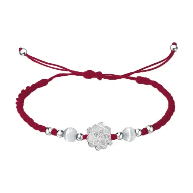 【高品质 999足银】 色菲尔 新中式招财纳福运莲花锦上添花 国潮时尚通勤日常百搭可调节#好运 织物 手绳 男女同款情侣款