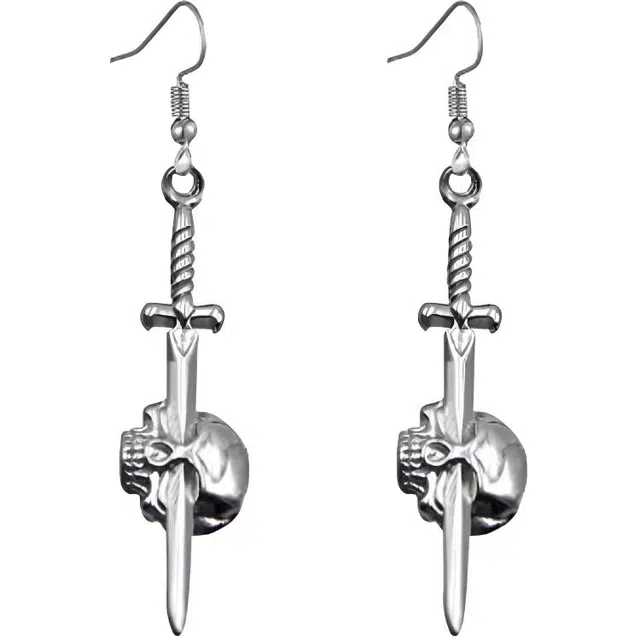 清脆小溪 骷髅头长剑耳饰 欧美风个性小众设计创意潮流款酷炫 合金 耳环 女款