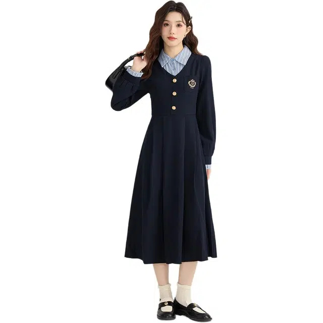 邓大喵 学院风拼接假两件女春季秋季法式高级感收腰显瘦精致长裙子连衣裙 女款