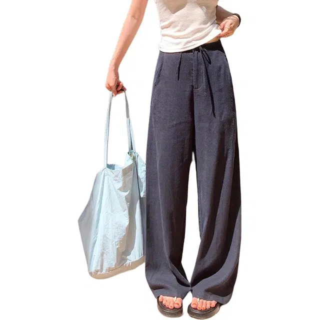 唐启 藏青色亚麻裤子夏季薄款老钱风阔腿休闲裤垂感长裤 男女同款