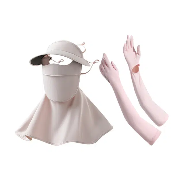 南极人 可喝水脸基尼护颈帽子一体全脸防紫外线口罩高颜值冰丝袖套手套触屏加长护手臂护袖户外骑行开车遮阳冰凉透气 轻薄 防晒面罩 女款