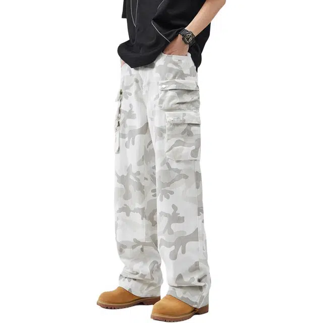 协协乐 纯棉美式迷彩高街宽松直筒阔腿拖地裤百搭设计感休闲大口袋运动长裤工装裤 男款