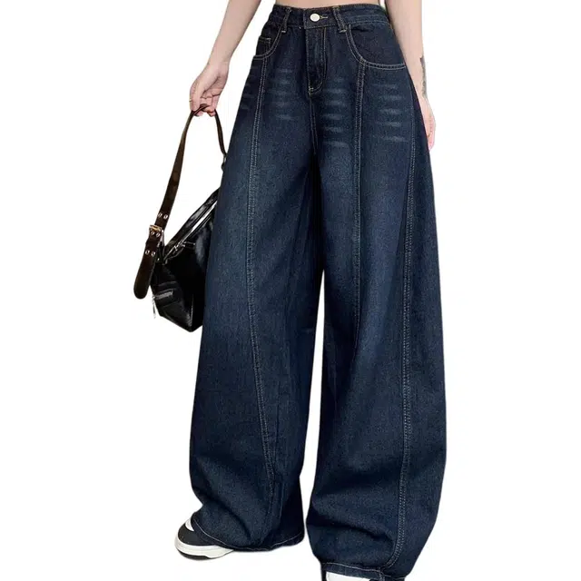 柏黛妃 美式复古字母刺绣阔腿裤高腰拖地长裤牛仔裤 女款