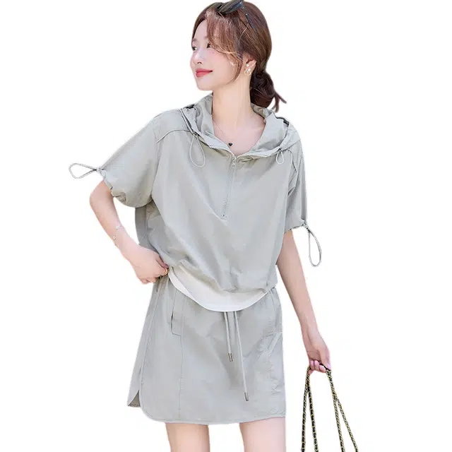 丝絮丝绸 韩版时尚休闲假两件短袖抽绳薄款上衣半身裙两件套裙装套装 女款