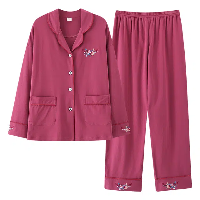 莫代尔 韩版舒适宽松显瘦翻领开衫休闲简约百搭长袖长裤家居服女士睡衣套装 女款