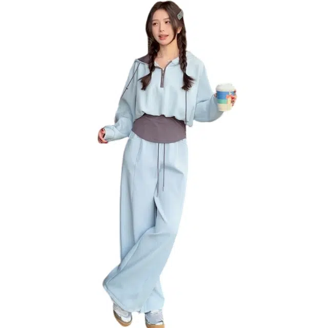 丝絮丝绸 拼色连帽卫衣卫裤韩版减龄阔腿裤两件套休闲套装 女款