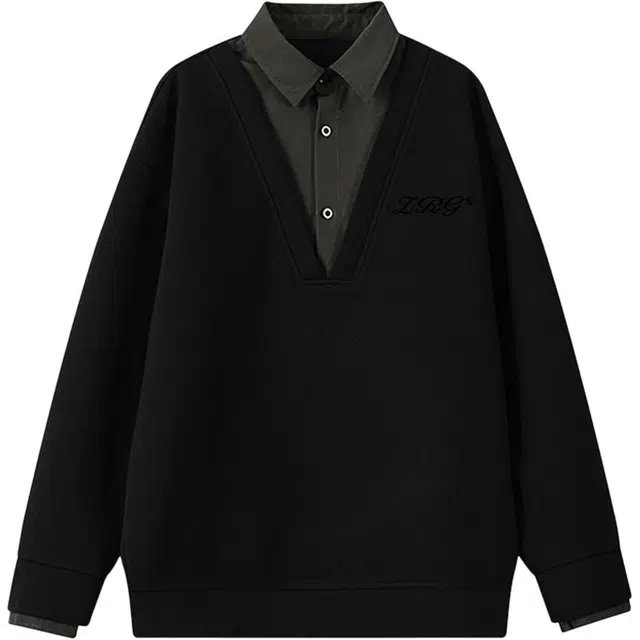 梓润格 美式复古宽松简约时尚潮流经典百搭舒适假两件翻领大码衬衫领老钱风上衣户外运动无性别主义酷飒长袖卫衣 男女同款