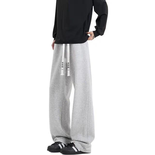 半空山 美式高街纯色百搭卫裤品牌汉字刺绣系带脚口纽扣调节可直筒可微喇舒适宽松休闲裤 男女同款