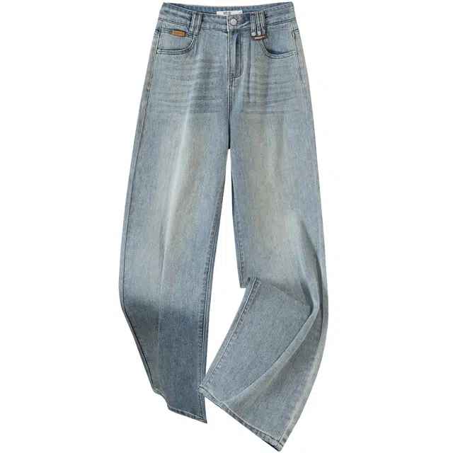 她池 港风做旧水洗高腰休闲风长款直筒牛仔裤 女款