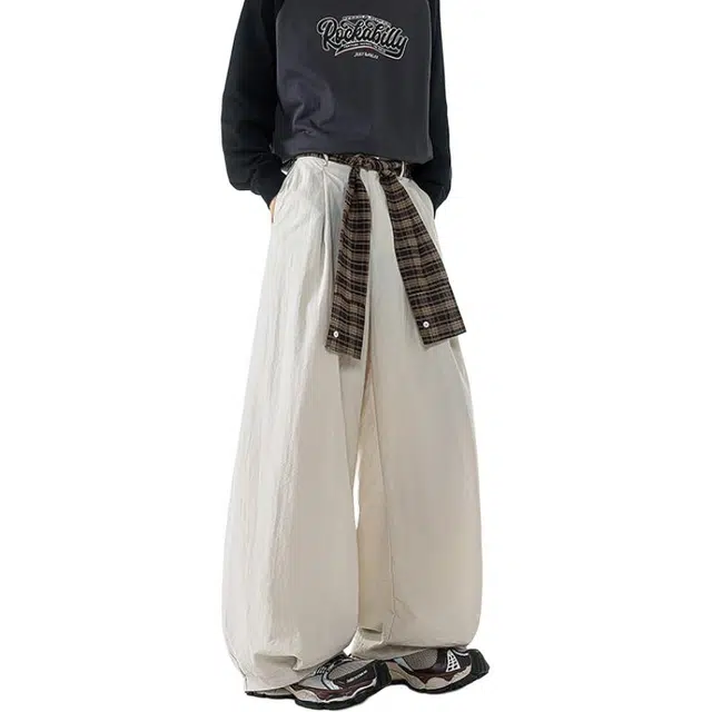 佐菲利 美式复古格子拼接弯刀阔腿裤夏季高腰宽松显瘦镰刀裤休闲裤 男女同款