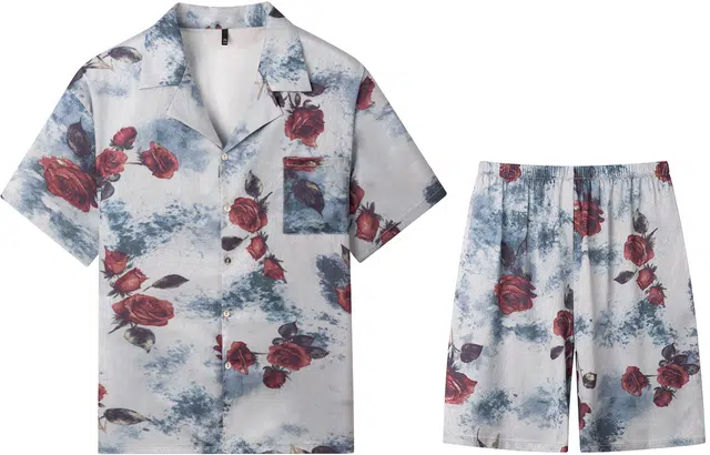 宫蝶 东南亚风情系列 冰丝短袖家居服可外穿复古风宽松大码休闲开衫睡衣套装 男款