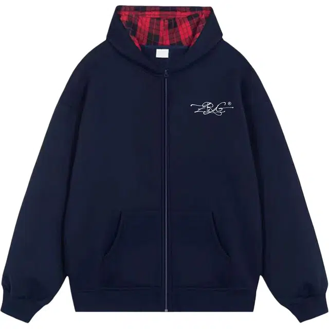 梓润格 时尚校园风美式复古舒适潮流简约帅气酷飒一穿即走户外运动经典百搭宽松设计高级氛围感假两件格子连帽开衫外套卫衣 男女同款