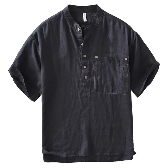 么宁 日系复古亚麻短袖衬衣潮流时尚简约百搭文艺感外套宽松立领上衣舒适透气休闲衬衫 男女同款