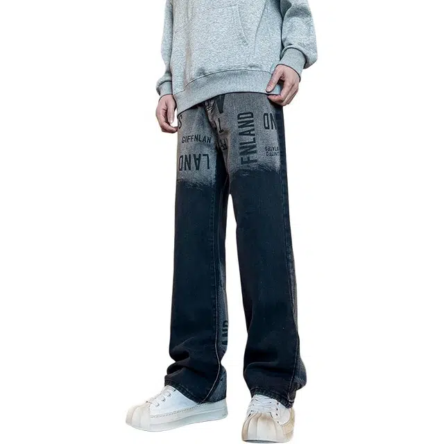 华夏儿女 高街潮牌字母渐变微喇裤美式宽松设计痞帅炸街阔腿牛仔裤 男款