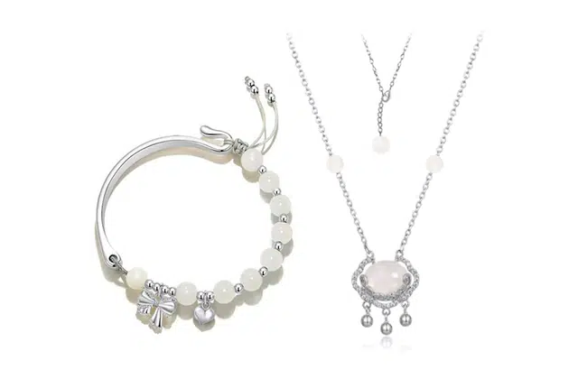 尚银福 平安锁蝴蝶结系列 平安锁蝴蝶结 国潮新中式年轻时尚气质轻奢高级感 森系小清新灵动长命锁半镯串珠套装 菩提子/菩提籽 手链 女款