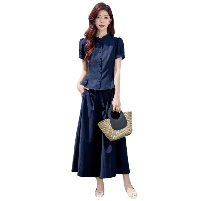 丝絮丝绸 时尚高级感气质收腰显瘦短袖衬衫阔腿裙裤两件套休闲套装 女款