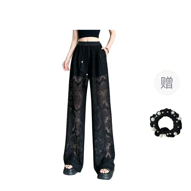 雾闪闪 法式浪漫蕾丝镂空松紧腰阔腿裤休闲裤 女款