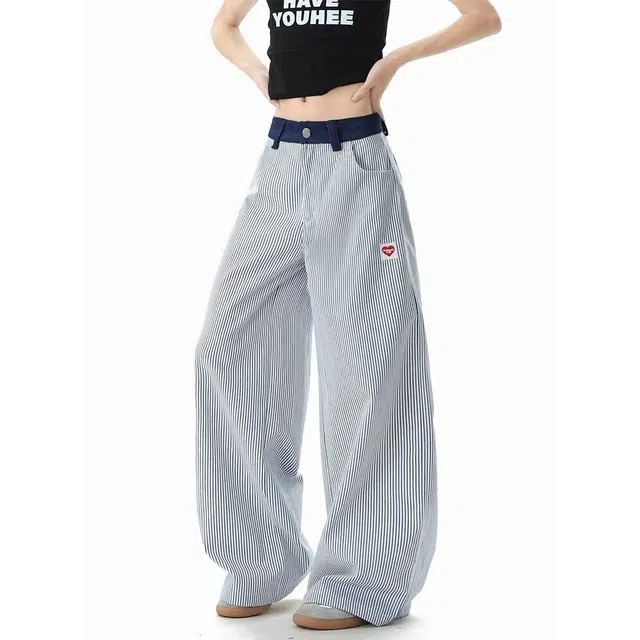 柏黛妃 美式街头爱心刺绣复古竖条纹裤子设计感小众直筒垂感休闲裤 女款