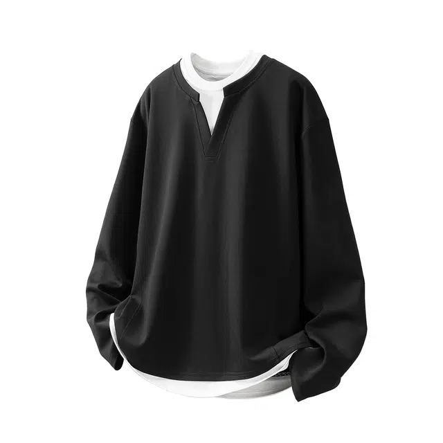 梓润格 美式高街学院风简约基础款长袖上衣重磅潮牌潮流舒适内搭无帽薄款假两件宽松休闲圆领卫衣 男女同款