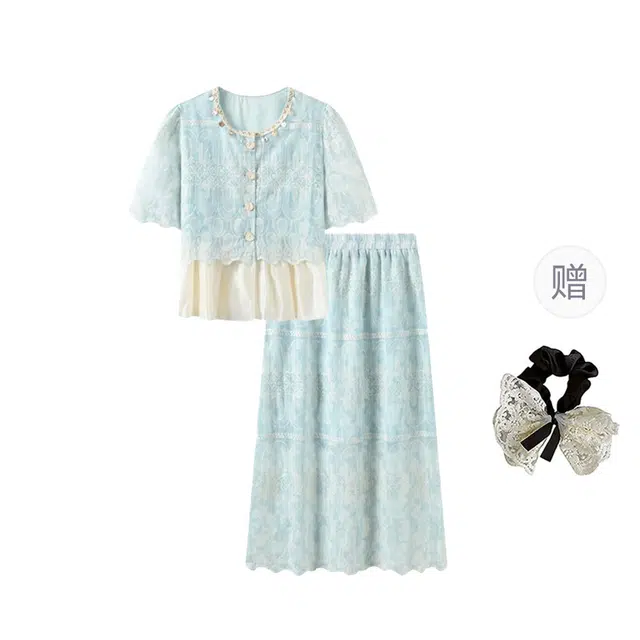 涂诗菲 大码设计感蕾丝拼接重工刺绣亮片上衣百搭甜美温柔宽松半身裙裙装套装 女款