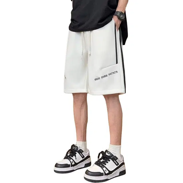 左岸 港风潮牌少年感夏季薄款卫裤字母绣花拼色宽松运动中裤沙滩裤百搭柔软亲肤舒适透气五分裤休闲短裤 男款