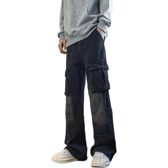 华夏儿女 高街重工工装裤宽松复古直筒裤薄款微喇阔腿牛仔裤 男款