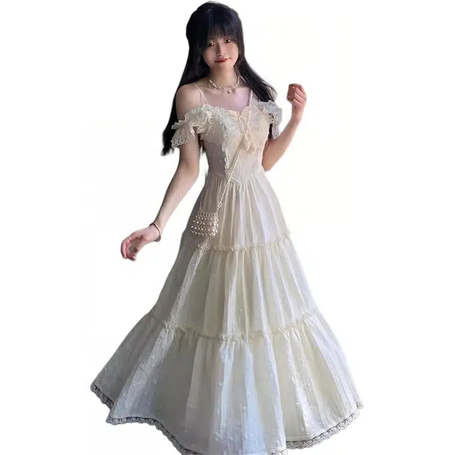 黛尔佳人 法式茶歇泡泡袖碎花夏季小清新甜美收腰显瘦娃娃裙子短袖连衣裙 女款