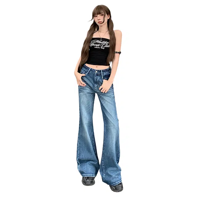 拾籍 街头潮流美式复古低腰显瘦宽松休闲百搭微喇牛仔裤 女款