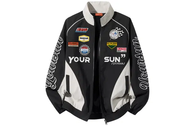 宜而爽 美式街头感潮流赛车服元素徽章图案个性字母印花无性别主义小众撞色拼接设计宽松休闲立领防风保暖百搭通勤长袖夹克外套 男女同款