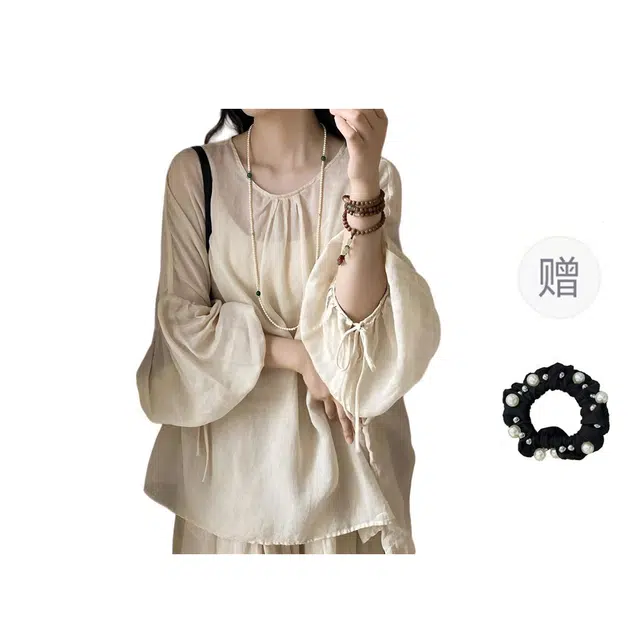 雾闪闪 大码女装法式时尚新中式国风苎麻灯笼袖慵懒上衣长袖衬衫 女款