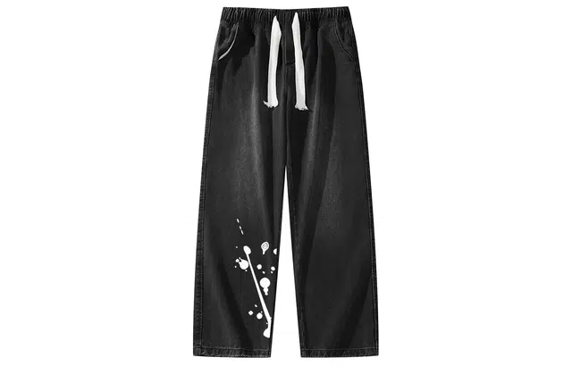 加菲猫家族 美式高街泼溅水墨滴印花潮流水洗做旧磨白时尚休闲百搭日常通勤显高阔腿直筒中腰垂感系带牛仔裤 男女同款