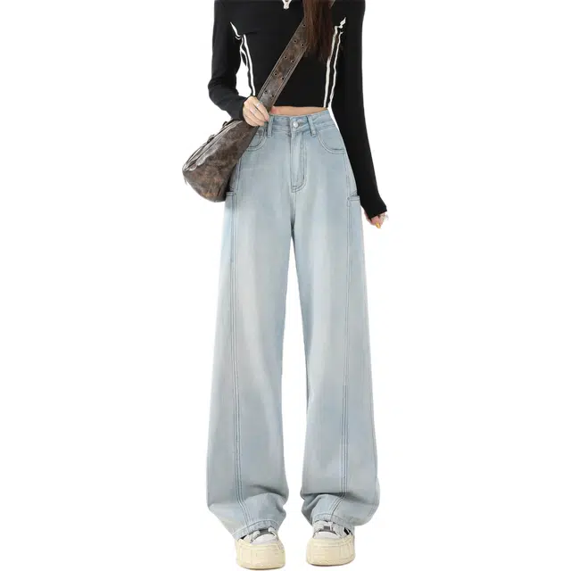 玫丝朵 复古百搭潮流特色口袋设计高腰弯刀阔腿宽松拖地牛仔裤 女款