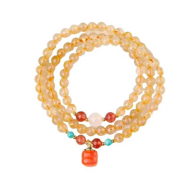 茂琼 简约 时尚 柿柿如意三圈财富新中式草莓晶转运珠高级感百搭#好运 金发晶 手串 女款