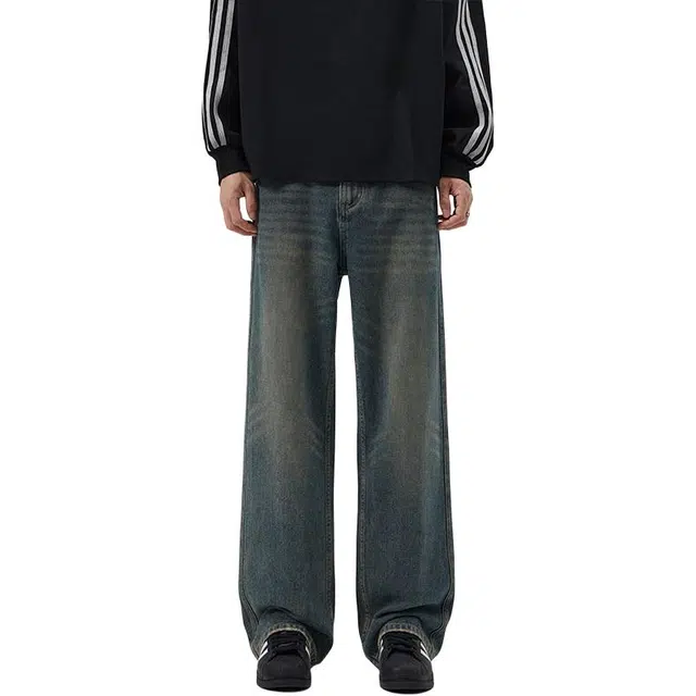 帝狼牛 高街潮流水洗做旧基础直筒宽松拖地休闲是时尚百搭牛仔裤 男女同款