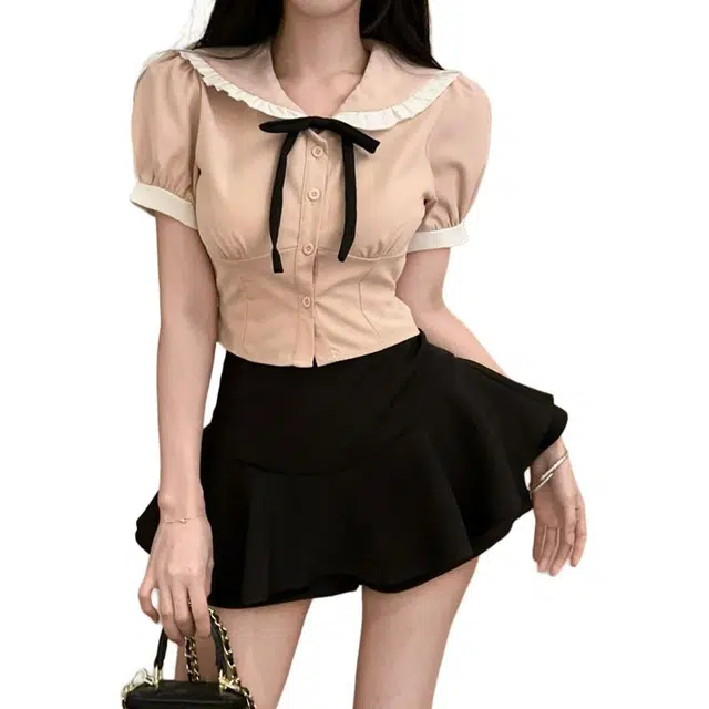 敲模女孩 学院风甜美收腰显瘦短袖衬衫高腰蓬蓬短裙裙装套装 女款