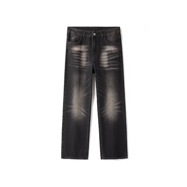 微牛 复古做旧水洗闪电纹裤子宽松休闲韩版潮流直筒阔腿长裤牛仔裤 男款