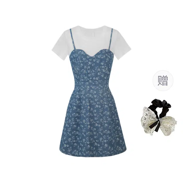 涂诗菲 大码慵懒风减龄法式小碎花收腰显瘦假两件牛仔撞色百搭休闲短袖连衣裙 女款