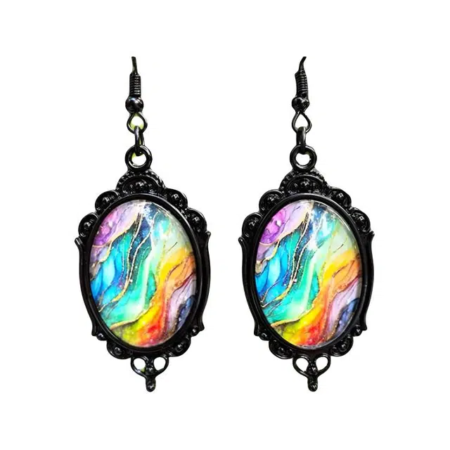 清脆小溪 复古七彩宝石耳饰 欧美风优雅气质轻奢款 搭配潮流 合金 耳环 女款