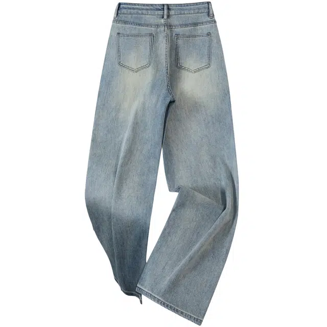 她池 港风做旧水洗高腰休闲风长款直筒牛仔裤 女款